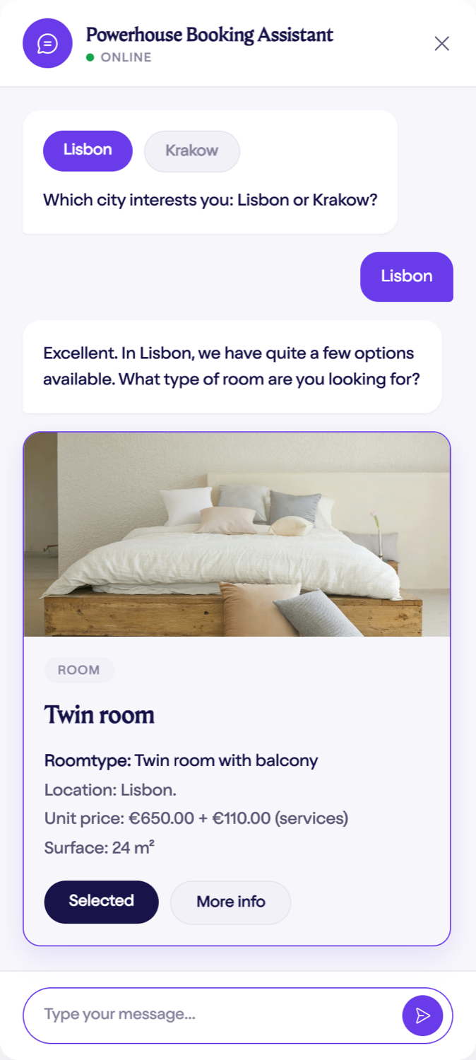 Powerhouse Booking Assistant chat: city choice, room type and unit details
