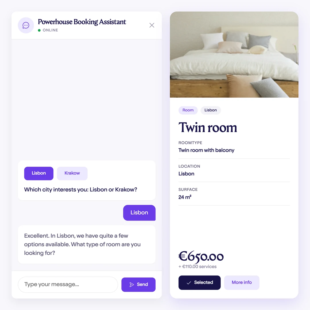 Powerhouse Booking Assistant chat: a prospect picks Lisbon, next to a Twin room with balcony at €650 per month