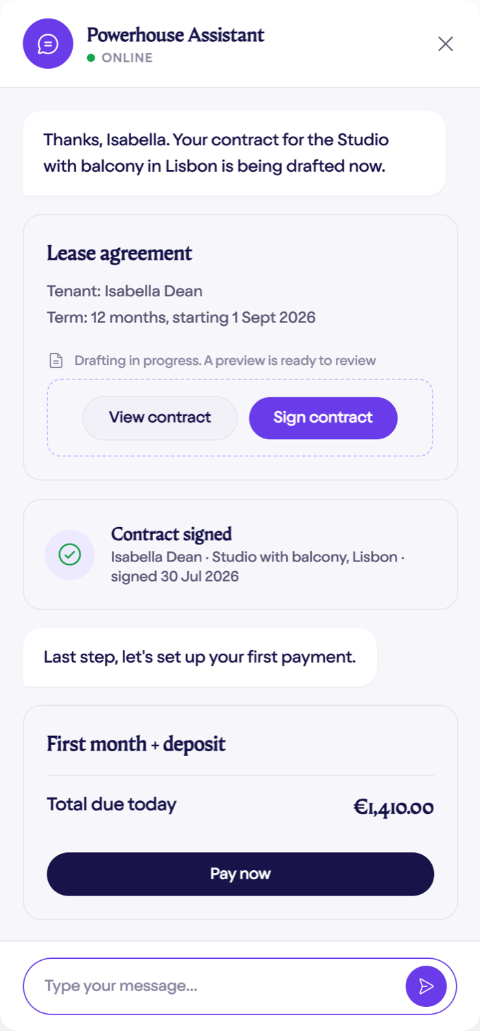 Powerhouse Assistant chat: lease agreement drafted, contract signed and first payment
