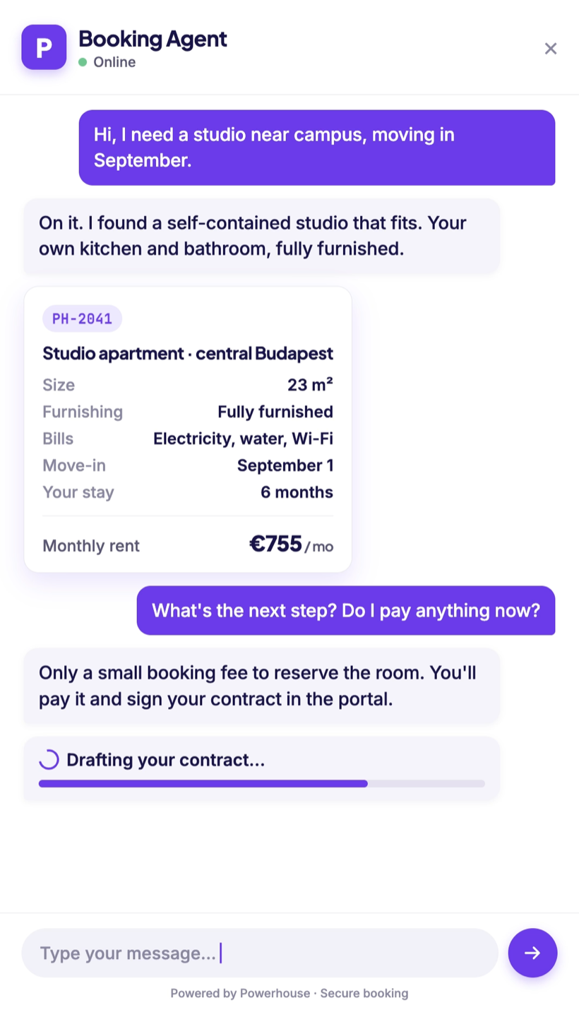Powerhouse booking agent chat drafting a student's contract